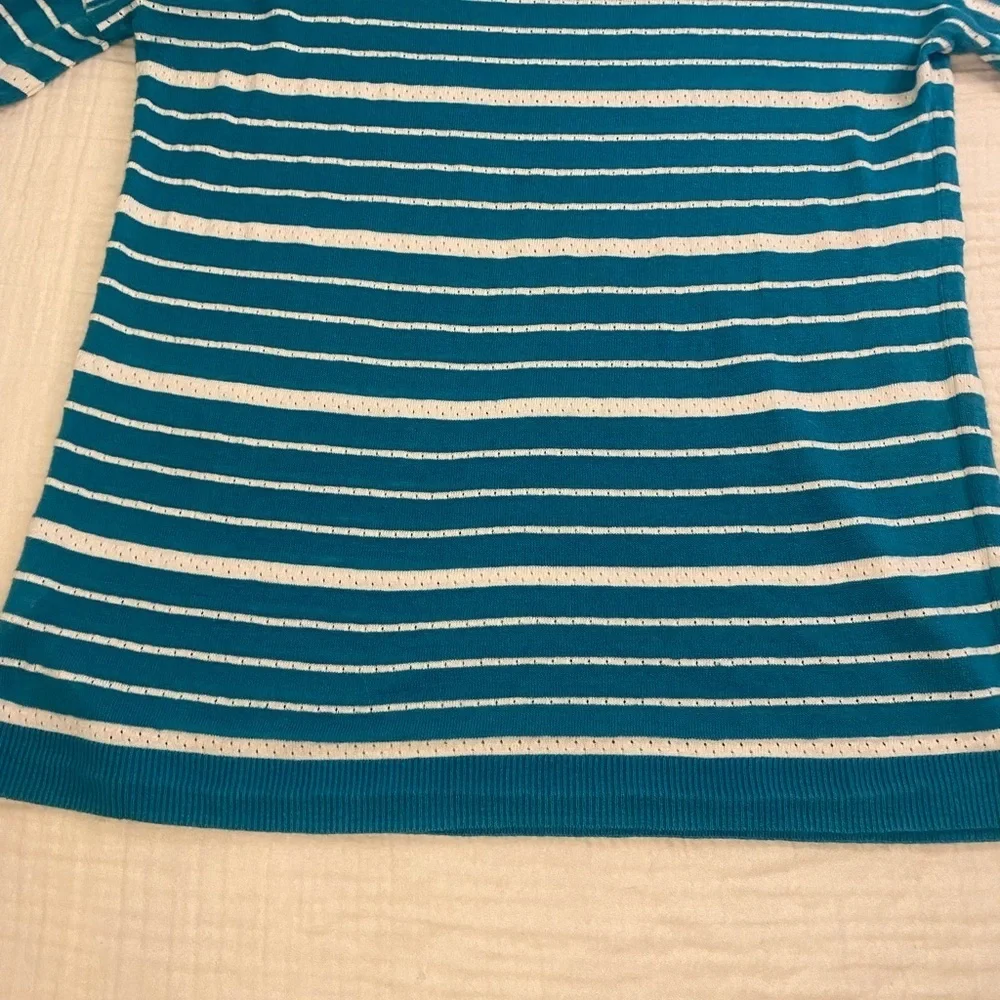 Talbots Sweater Shirt Teal Striped Linen Blend 3/4 Length Medium Petite Coastal - Picture 15 of 16